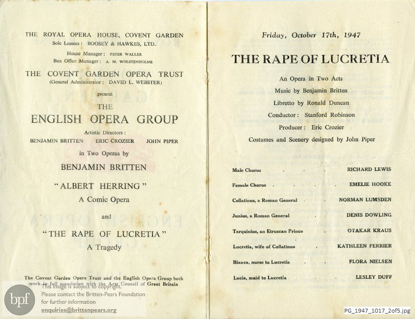 Concert programme:  Britten The Rape of Lucretia, Royal Opera House, Covent Garden, London