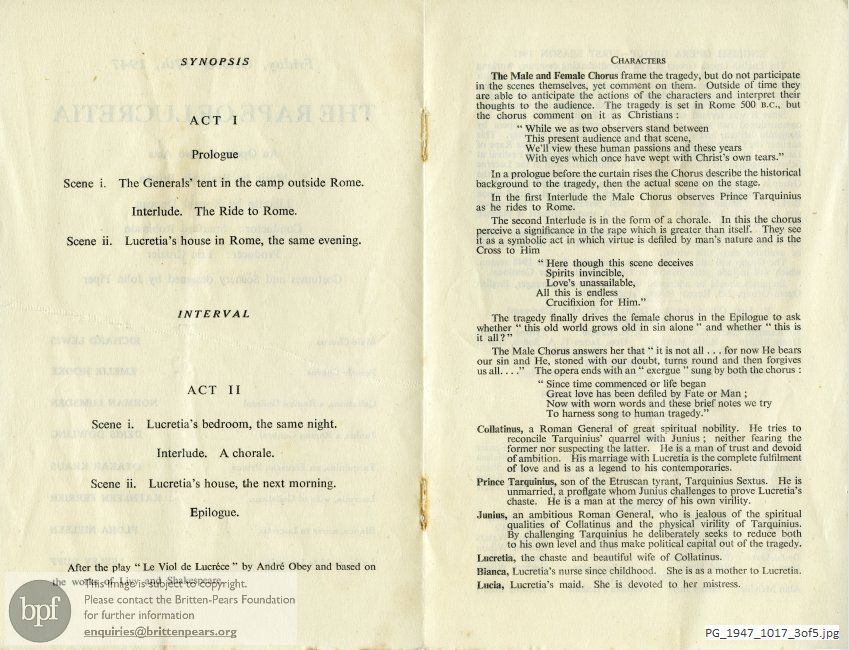 Concert programme:  Britten The Rape of Lucretia, Royal Opera House, Covent Garden, London