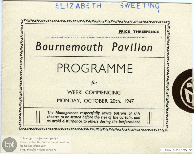 Concert programme:  Britten, Albert Herring and The Rape of Lucretia, Bournemouth Pavilion, Bournemouth