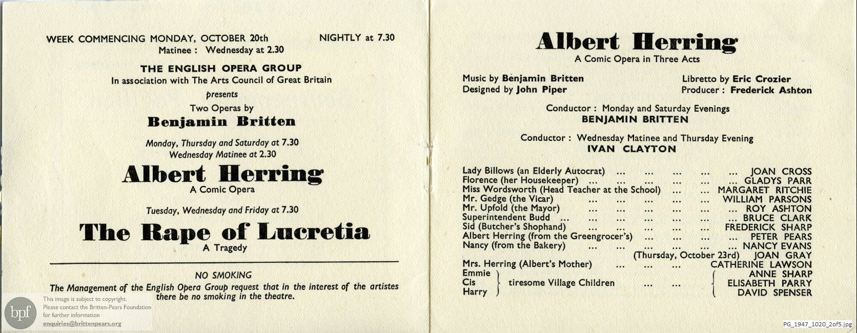 Concert programme:  Britten, Albert Herring and The Rape of Lucretia, Bournemouth Pavilion, Bournemouth