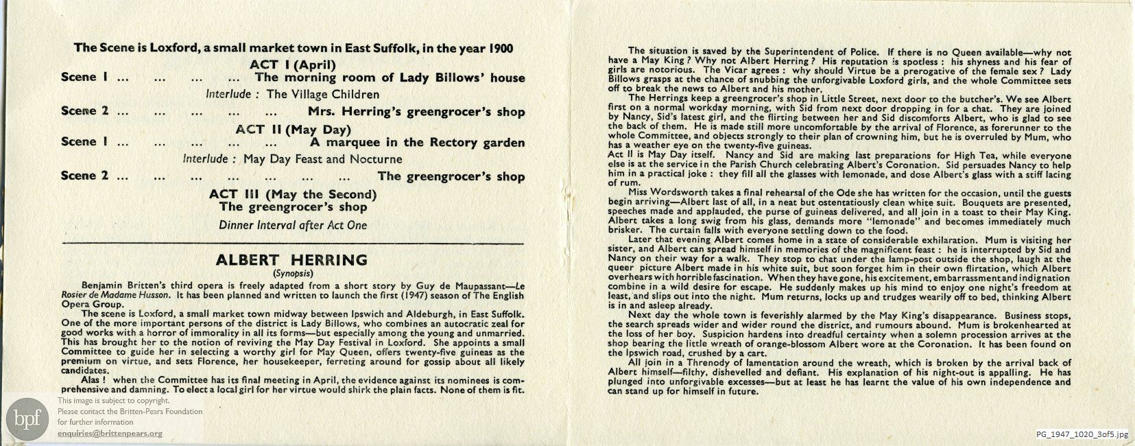 Concert programme:  Britten, Albert Herring and The Rape of Lucretia, Bournemouth Pavilion, Bournemouth