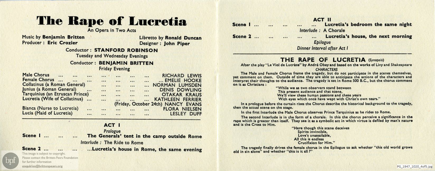 Concert programme:  Britten, Albert Herring and The Rape of Lucretia, Bournemouth Pavilion, Bournemouth