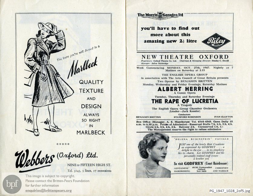 Concert programme:  Britten, Albert Herring and The Rape of Lucretia, New Theatre, Oxford