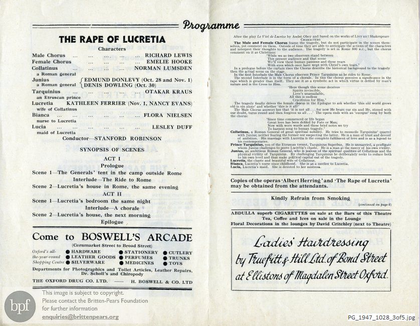 Concert programme:  Britten, Albert Herring and The Rape of Lucretia, New Theatre, Oxford