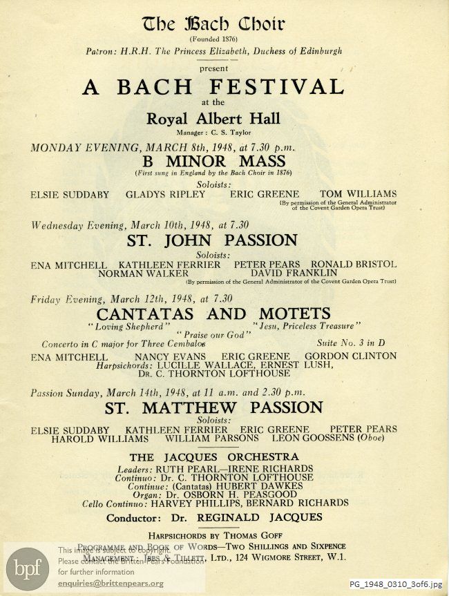 Concert programme:  Bach Choir series, Royal Albert Hall, London