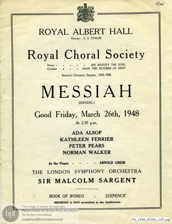 Concert programme:  Handel Messiah, Royal Albert Hall, London