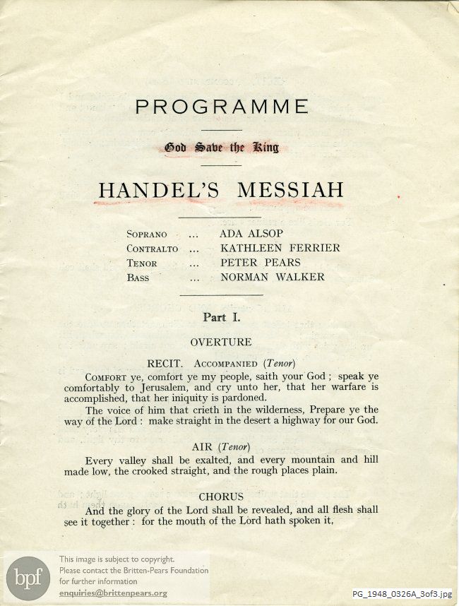 Concert programme:  Handel Messiah, Royal Albert Hall, London