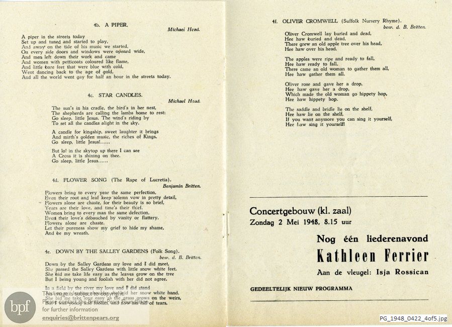 Concert programme:  Britten Flower Song (from The Rape of Lucretia) & Folk Song arrangements, Concertgebouw, Amsterdam