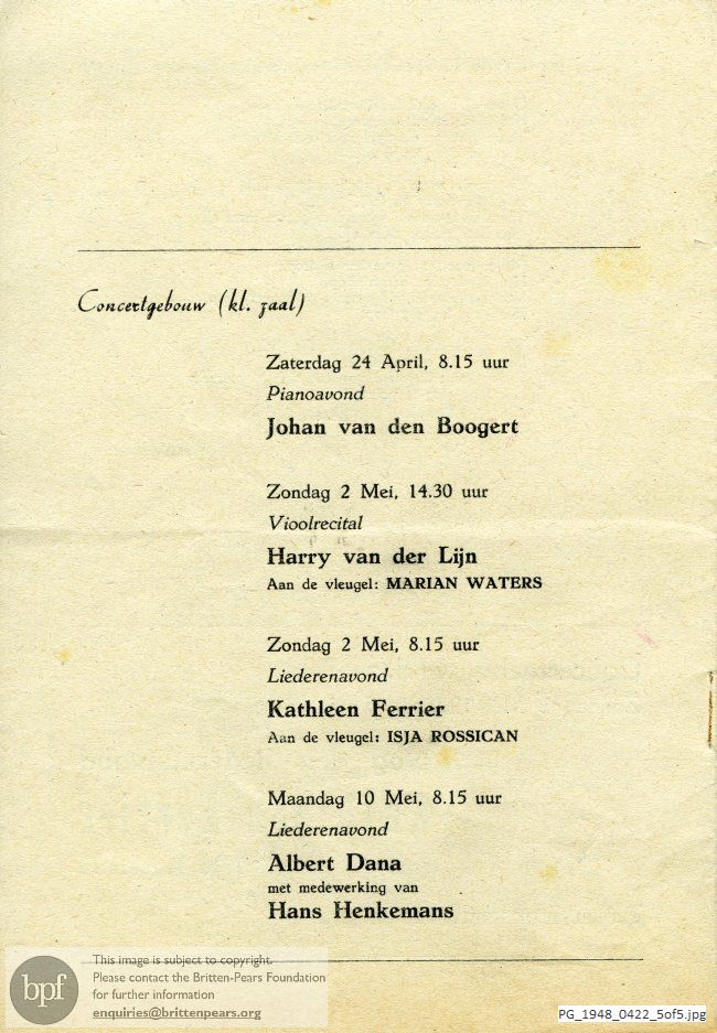 Concert programme:  Britten Flower Song (from The Rape of Lucretia) & Folk Song arrangements, Concertgebouw, Amsterdam