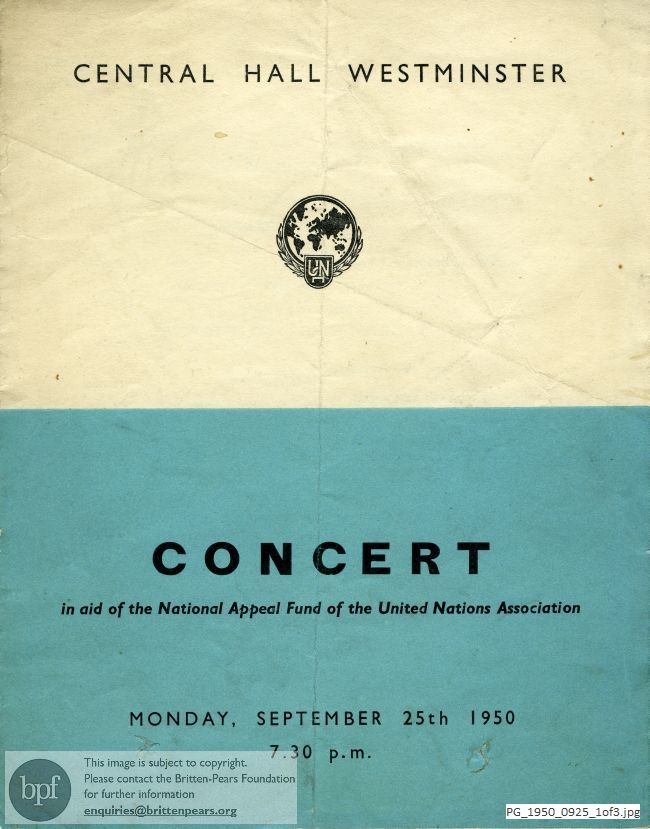 Concert programme:  Britten Henry Purcell: Six Songs, Henry Purcell: Dialogue of Corydon and Mopsa, Folk Songs (unspecified), Westminster Hall, London