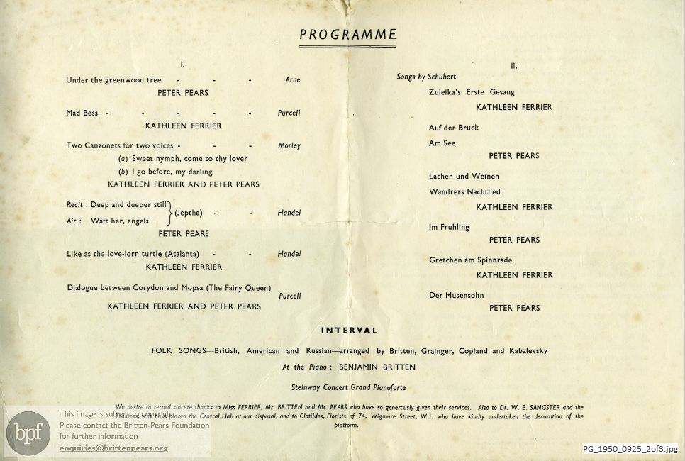 Concert programme:  Britten Henry Purcell: Six Songs, Henry Purcell: Dialogue of Corydon and Mopsa, Folk Songs (unspecified), Westminster Hall, London