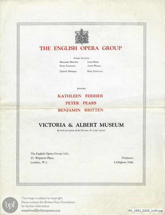 Concert programme:  Britten Canticle II Abraham & Isaac, Victoria and Albert Museum,  London