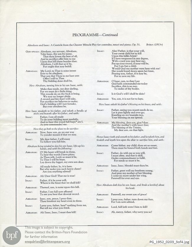 Concert programme:  Britten Canticle II Abraham & Isaac, Victoria and Albert Museum,  London