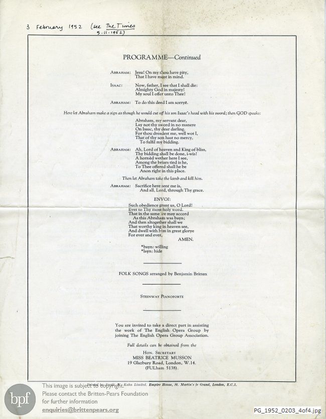 Concert programme:  Britten Canticle II Abraham & Isaac, Victoria and Albert Museum,  London