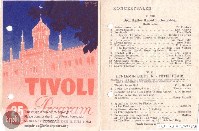 Britten Henry Purcell: Six Songs, Henry Purcell: Two Divine Hymns and Alleluia, Folk Song Arrangements Vol. 2, Folk Song Arrangements Vol. 3, Tivoli Koncertsalen, Copenhagen