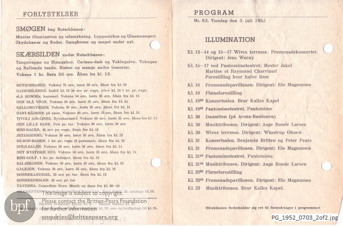 Britten Henry Purcell: Six Songs, Henry Purcell: Two Divine Hymns and Alleluia, Folk Song Arrangements Vol. 2, Folk Song Arrangements Vol. 3, Tivoli Koncertsalen, Copenhagen