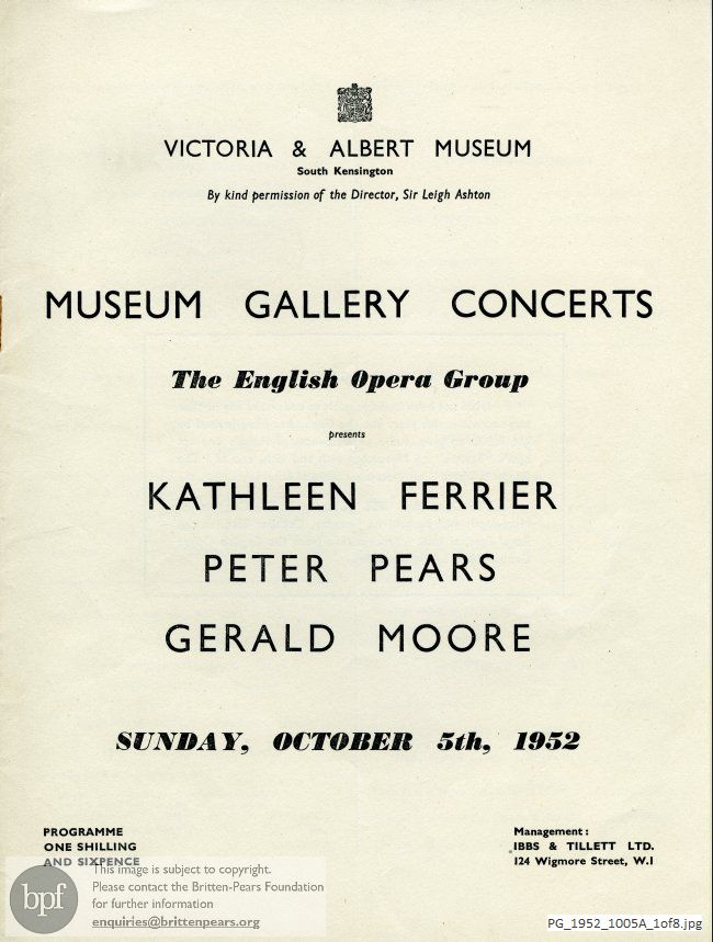 Concert programme:  Britten, Canticle No. 2, Victoria and Albert Museum, London