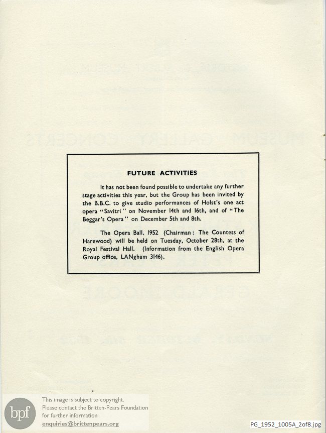 Concert programme:  Britten, Canticle No. 2, Victoria and Albert Museum, London