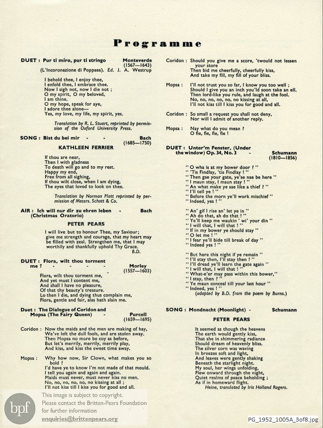 Concert programme:  Britten, Canticle No. 2, Victoria and Albert Museum, London