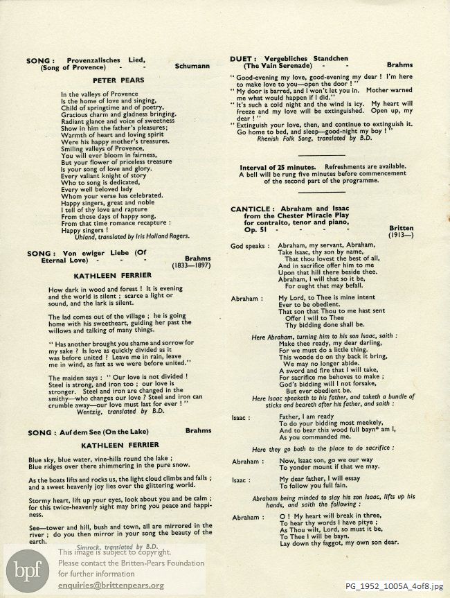 Concert programme:  Britten, Canticle No. 2, Victoria and Albert Museum, London