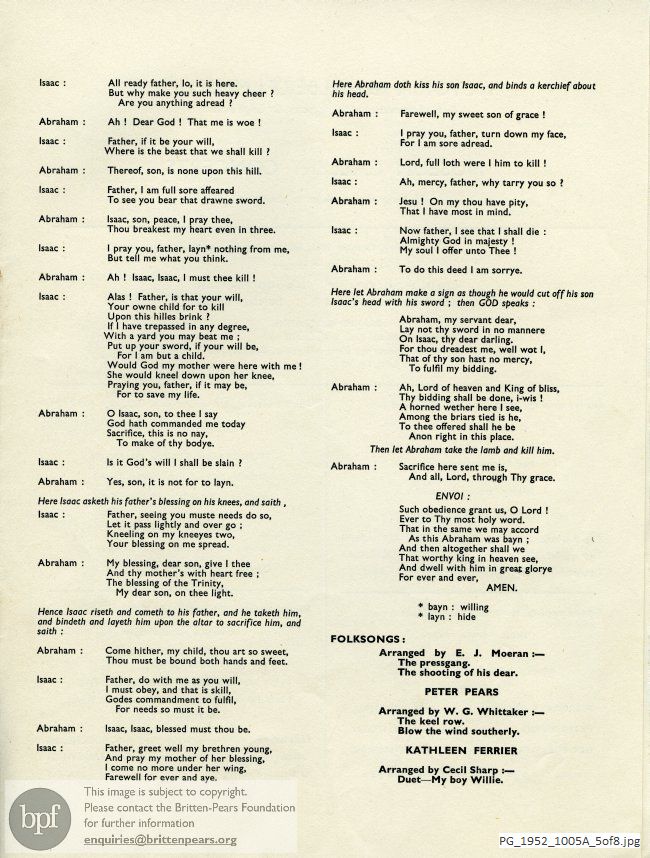 Concert programme:  Britten, Canticle No. 2, Victoria and Albert Museum, London