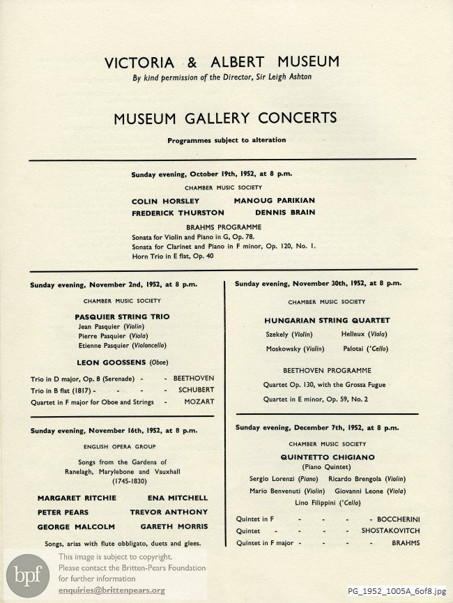 Concert programme:  Britten, Canticle No. 2, Victoria and Albert Museum, London