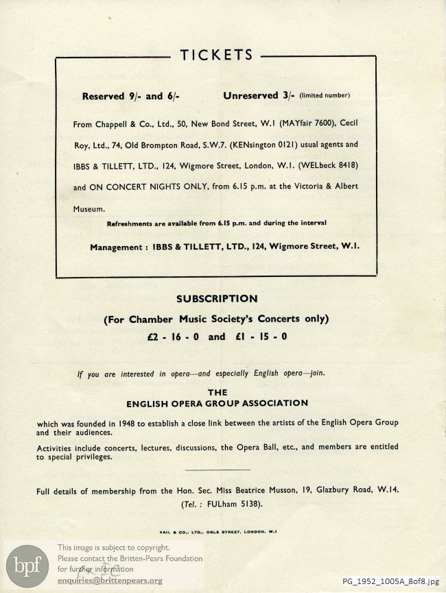 Concert programme:  Britten, Canticle No. 2, Victoria and Albert Museum, London