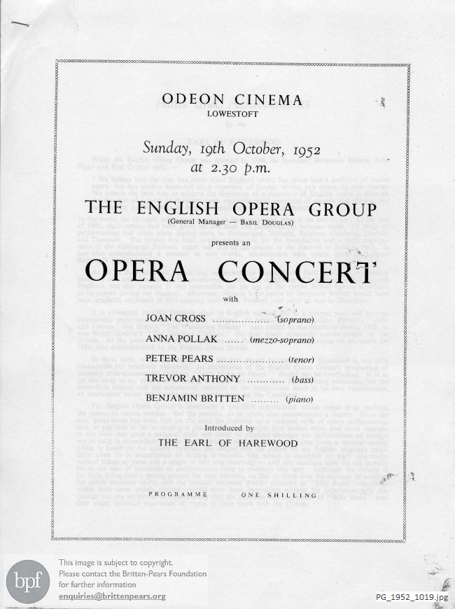 Britten The Beggar's Opera (Songs and Duets), Odeon Cinema, Lowestoft