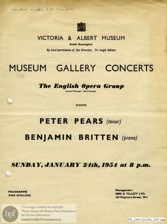 Concert programme:  Britten Winter words, Victoria and Albert Museum
