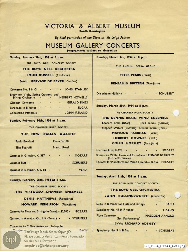 Concert programme:  Britten Winter words, Victoria and Albert Museum