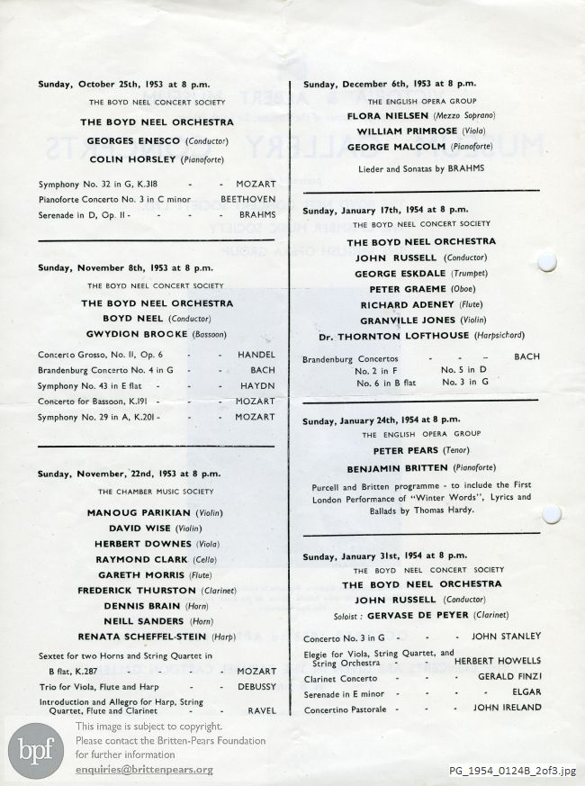 Concert programme:  Victoria and Albert Museum Gallery concerts flyer