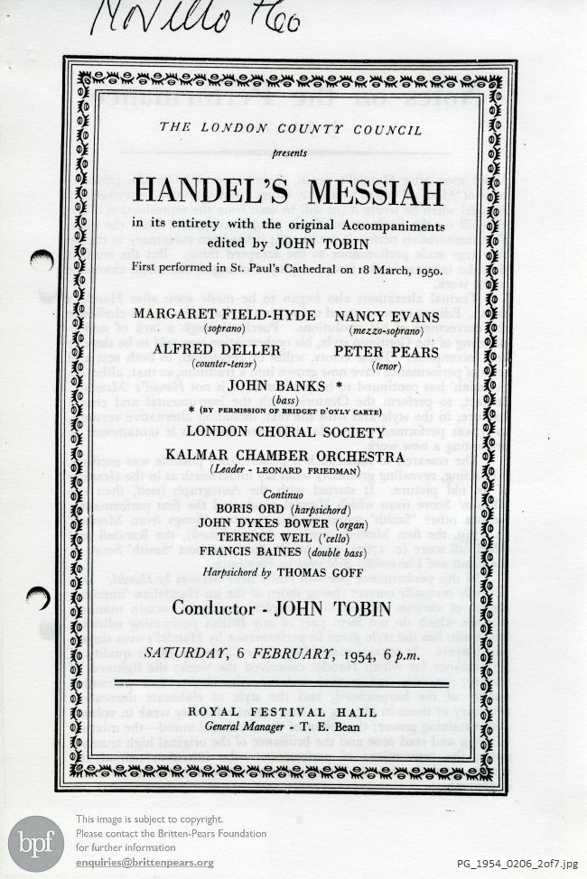 Concert programme:  London Choral Society Messiah, Royal Festival Hall