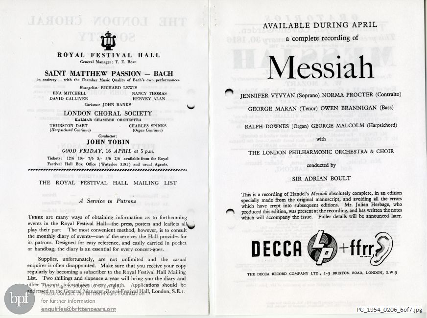 Concert programme:  London Choral Society Messiah, Royal Festival Hall