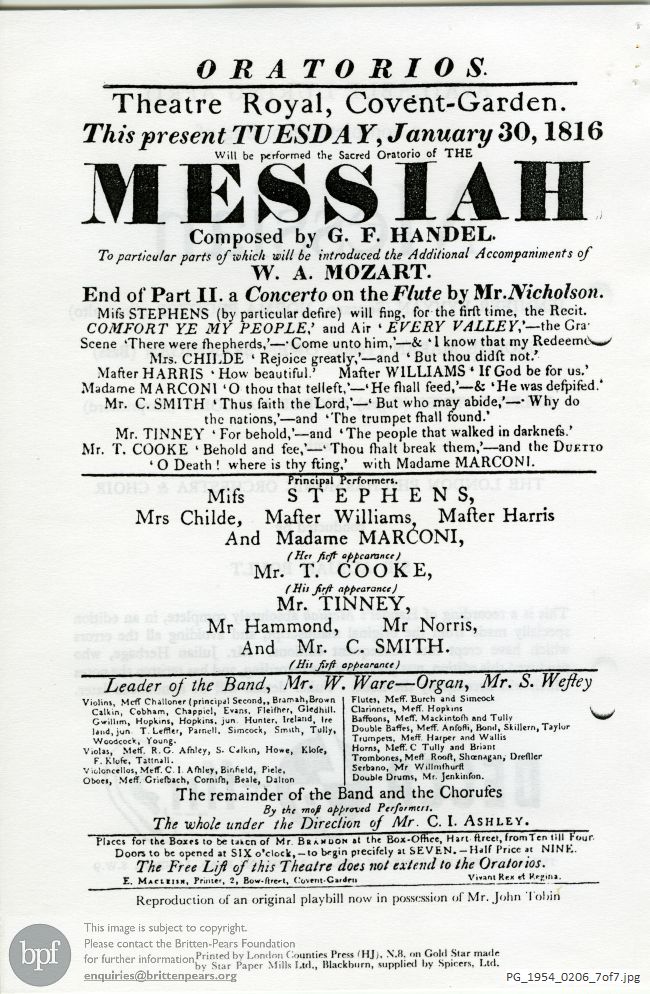 Concert programme:  London Choral Society Messiah, Royal Festival Hall