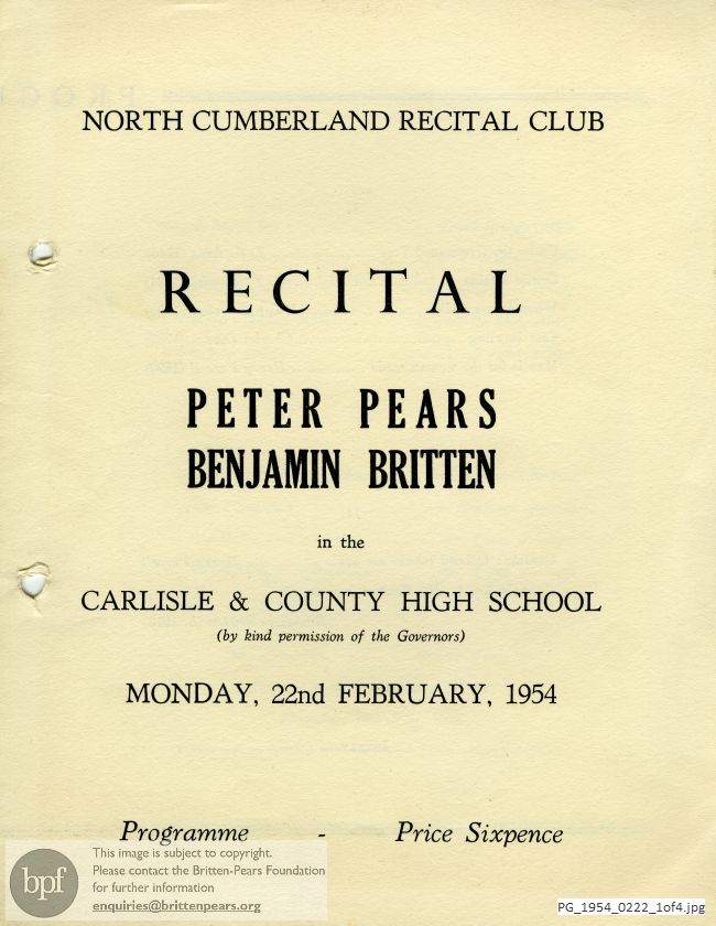 Concert programme:  Britten Canticle I, Carlisle & County High School