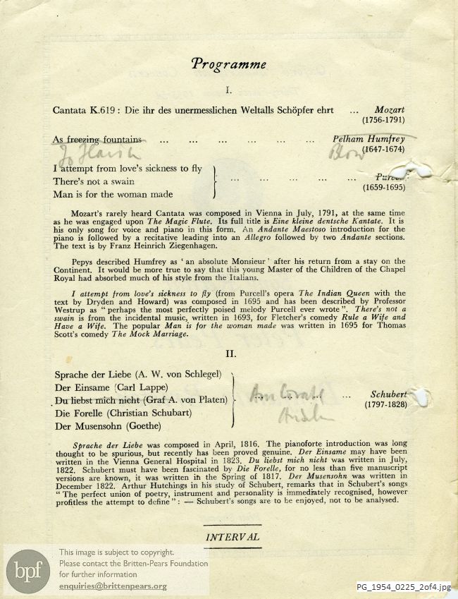 Concert programme:  Britten Winter words, Sheldonian Theatre Oxford