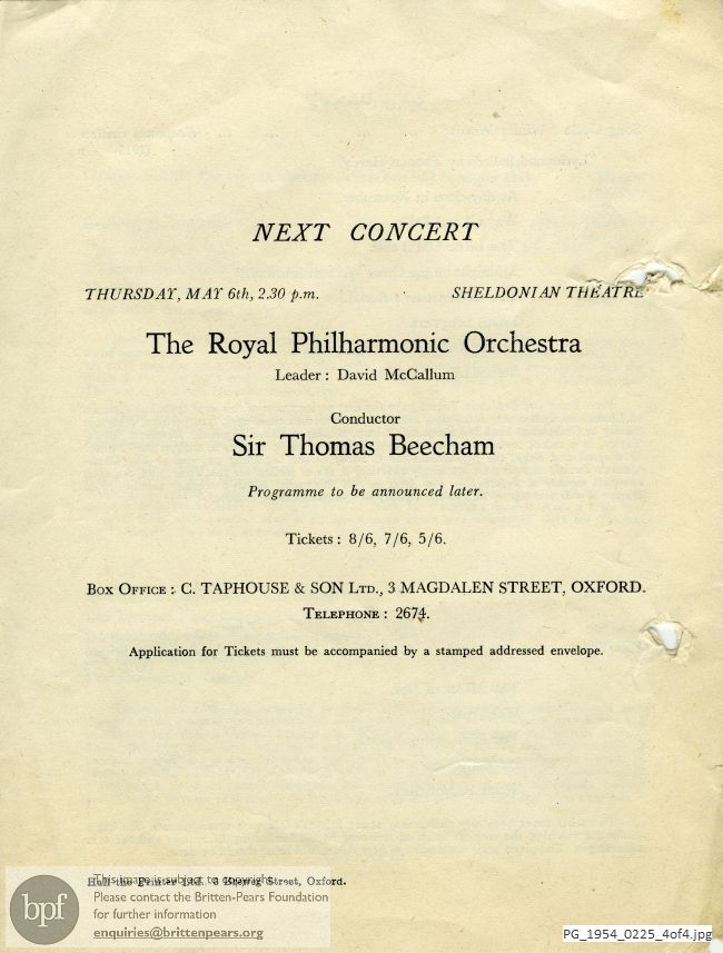 Concert programme:  Britten Winter words, Sheldonian Theatre Oxford