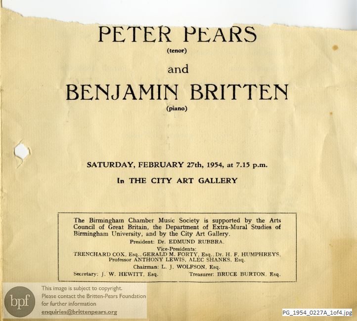 Concert programme:  Britten Winter words, City Art Gallery Birmingham
