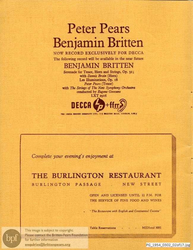 Concert of works by Benjamin Britten [Town Hall, Birmingham]
