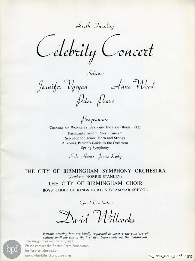 Concert of works by Benjamin Britten [Town Hall, Birmingham]
