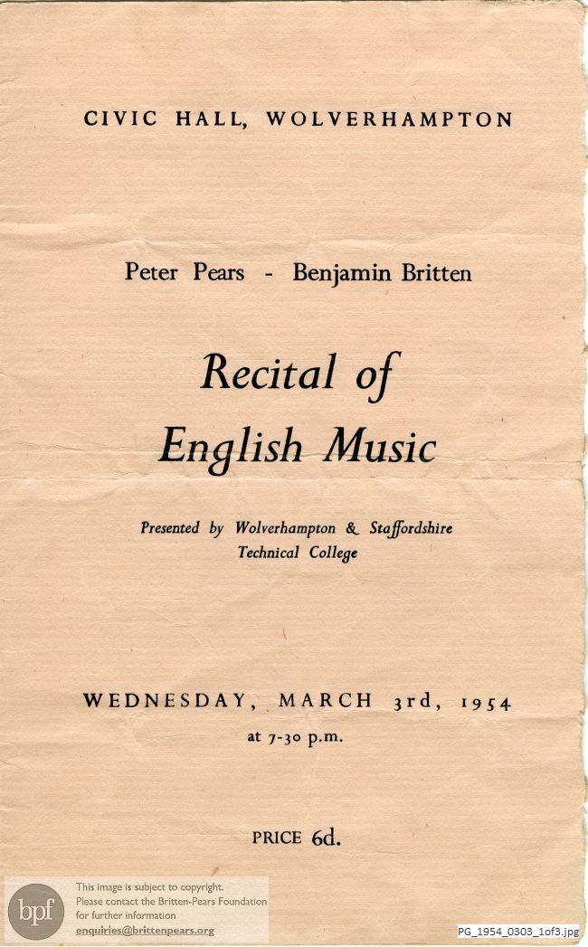 Concert programme:  Recital of English Music, Civic Hall Wolverhampton
