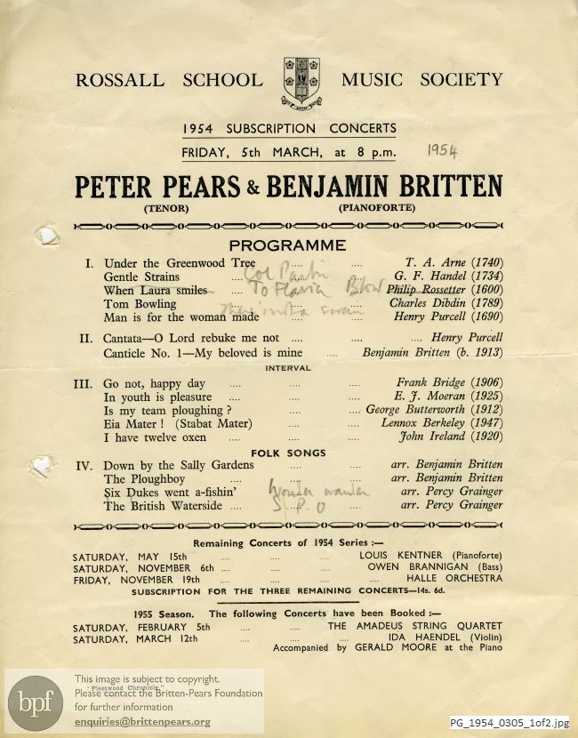 Concert programme:  Britten Canticle I, Rossall School