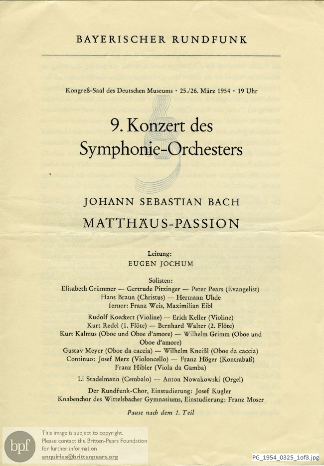 Concert programme:  Bach St Matthew Passion, Munich