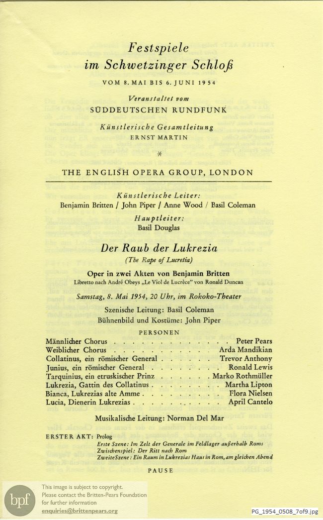 Concert programme:  Britten The rape of Lucretia, Schwetzinger Schloss