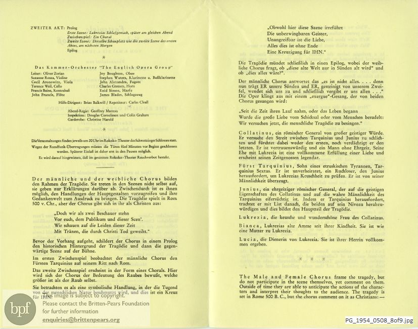 Concert programme:  Britten The rape of Lucretia, Schwetzinger Schloss