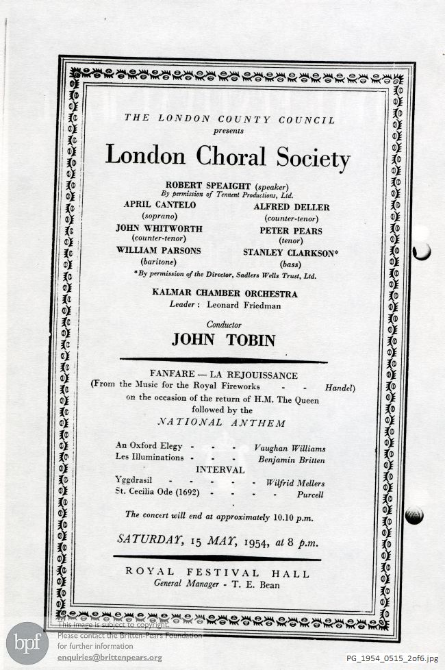 Concert programme:  Britten Les Illuminations, Royal Festival Hall