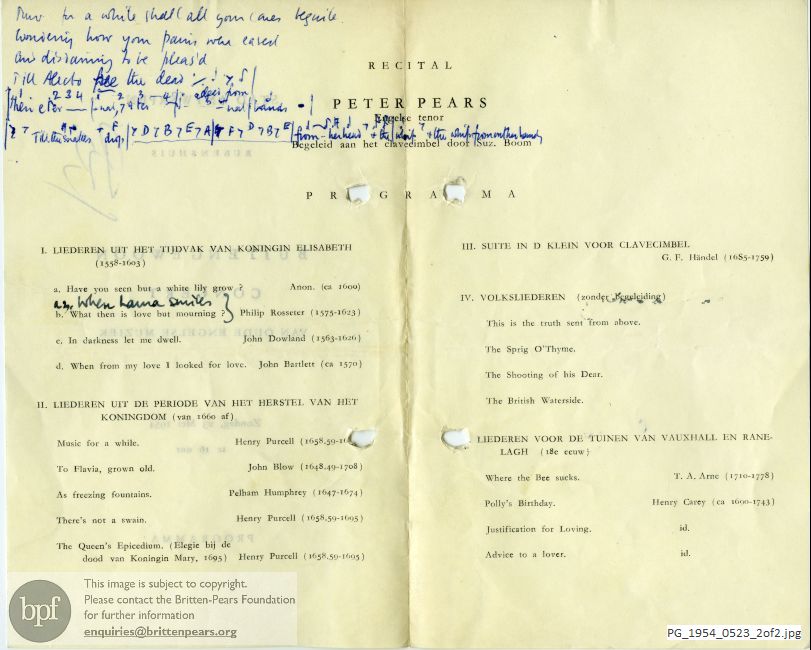 Concert programme:  Old English music, Pears Antwerp recital