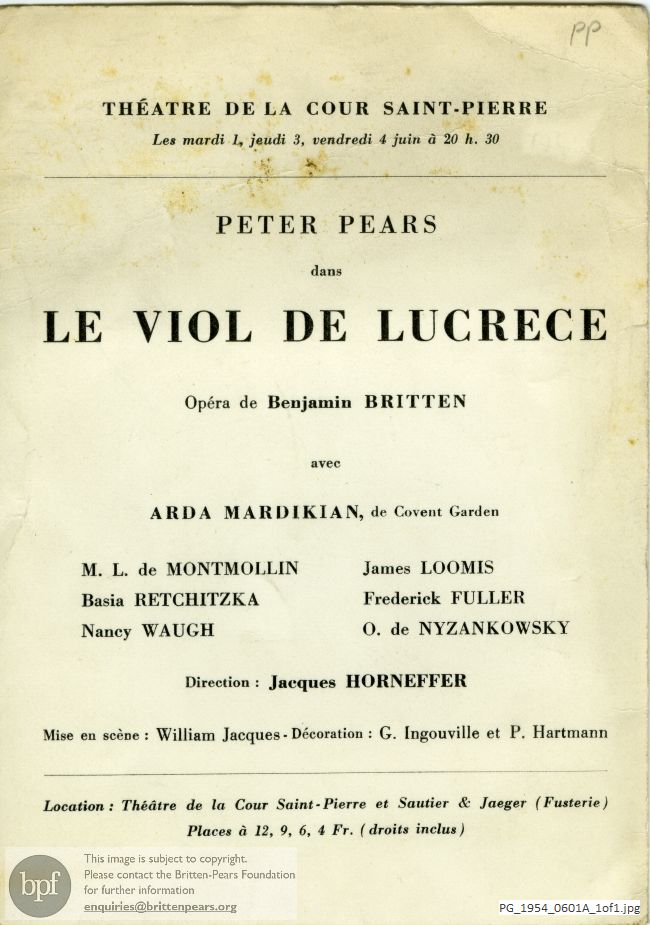 Concert programme:  Britten The rape of Lucretia, Theatre de la Cour Saint-Pierre, [Geneva, Switzerland]