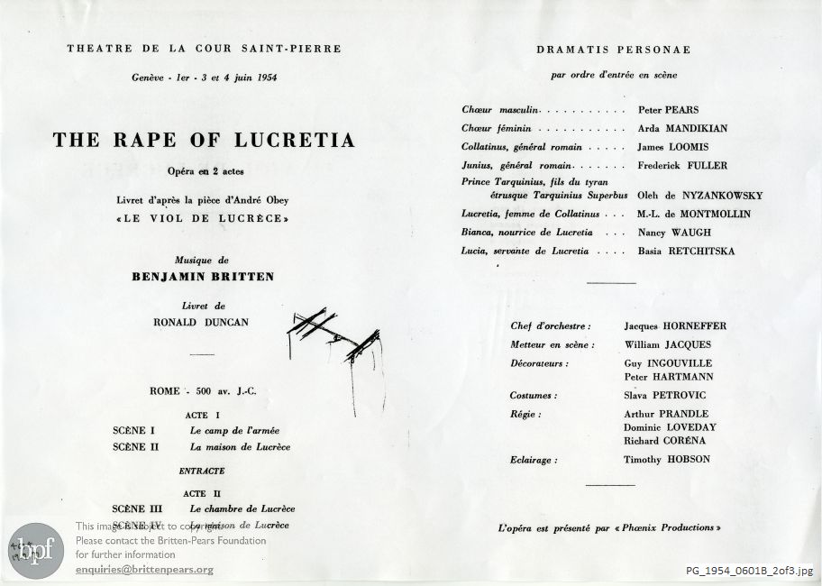 Concert programme:  Britten The rape of Lucretia, Geneva