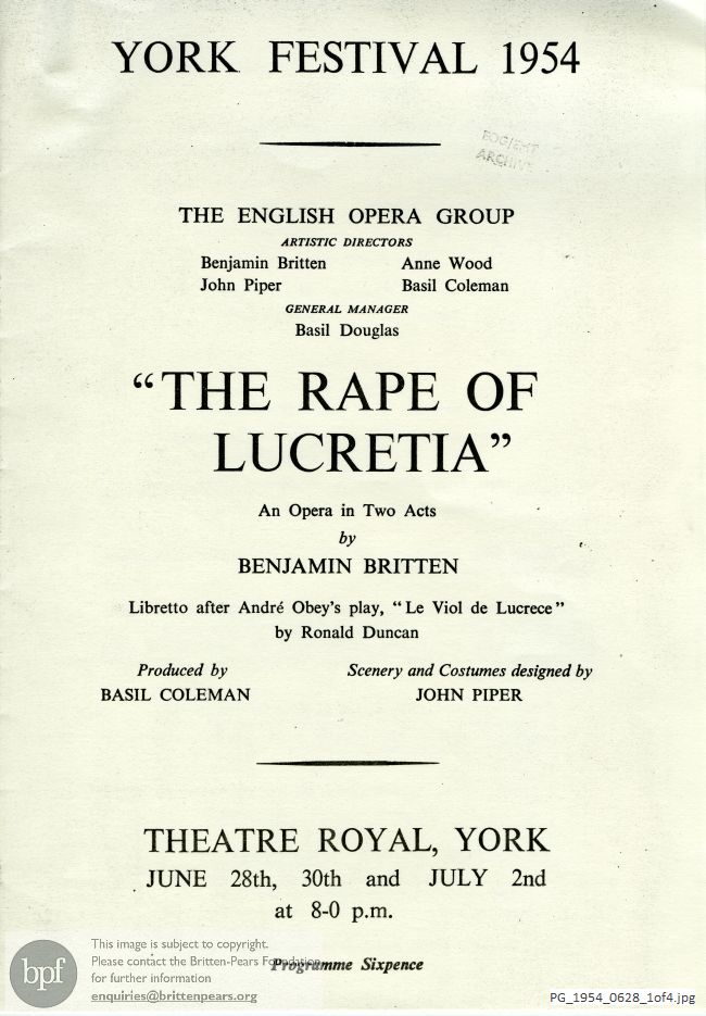 Concert programme:  Britten Rape of Lucretia, York Festival